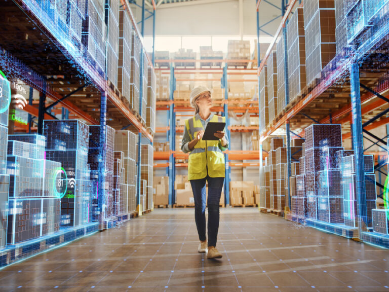 A smiling female logistics worker wearing a hard hat and safety vest walks through the aisles of a large high-bay warehouse. The scene is overlaid with futuristic, glowing blue augmented reality displays (HUDs) and data dashboards showing real-time information on inventory, efficiency, and stock levels.