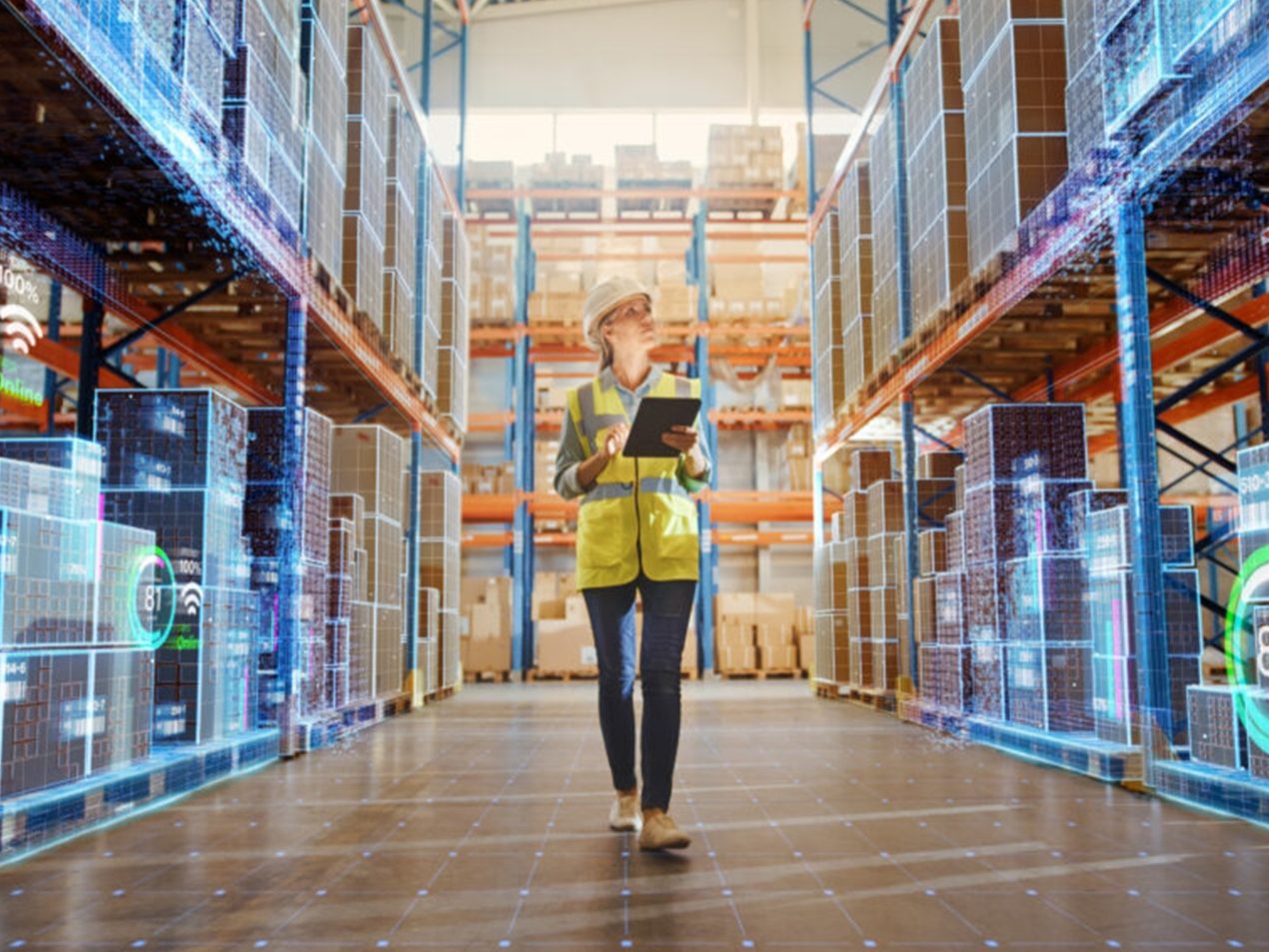 Eine lächelnde Logistikerin in Schutzhelm und Warnweste läuft durch die Gänge eines großen Hochregallagers. Die Szene ist mit futuristischen, leuchtend blauen Augmented-Reality-Anzeigen (HUDs) und Daten-Dashboards überlagert, die Informationen zu Inventar, Effizienz und Beständen in Echtzeit anzeigen.