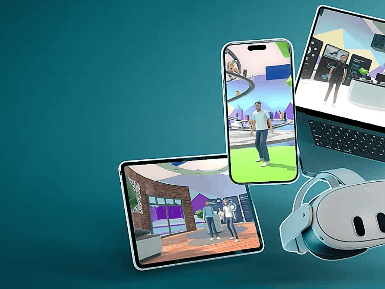 Darstellung der STACKIT Spaces Metaverse-Plattform über verschiedene Endgeräte: ein Laptop, ein Tablet und ein Smartphone, sowie eine VR-Brille (Meta Quest). Auf allen Bildschirmen sind 3D-Avatare in einer virtuellen Umgebung zu sehen.