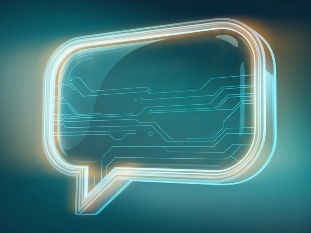 Leuchtende, gläserne digitale Sprechblase mit integrierten Schaltkreisen als Symbol für modernen Support und Experten-Beratung im Bereich Cloud-Workspaces.
