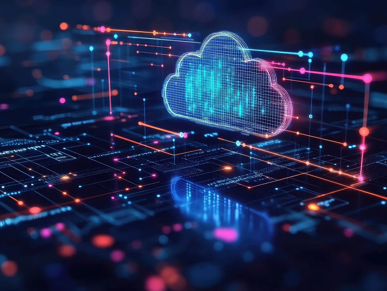Eine futuristische, digitale Darstellung einer Leiterplatte oder eines Rechenzentrums, beleuchtet durch leuchtende orange, blaue und pinkfarbene Linien und Datenpunkte. Im Zentrum schwebt das neon-umrandete Symbol einer Cloud, die Vernetzung und Cloud-Computing in einem Hochtechnologie-Umfeld symbolisiert.