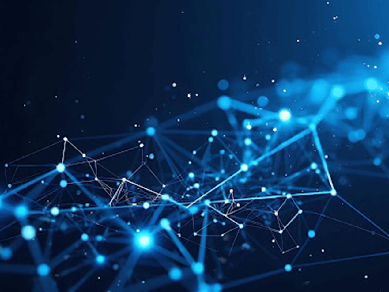 Abstraktes blaues Digital-Netzwerk mit leuchtenden Knotenpunkten und Verbindungslinien auf dunklem Hintergrund, symbolisiert Remote-Zugriff, Cloud-Computing und globale Datenvernetzung.