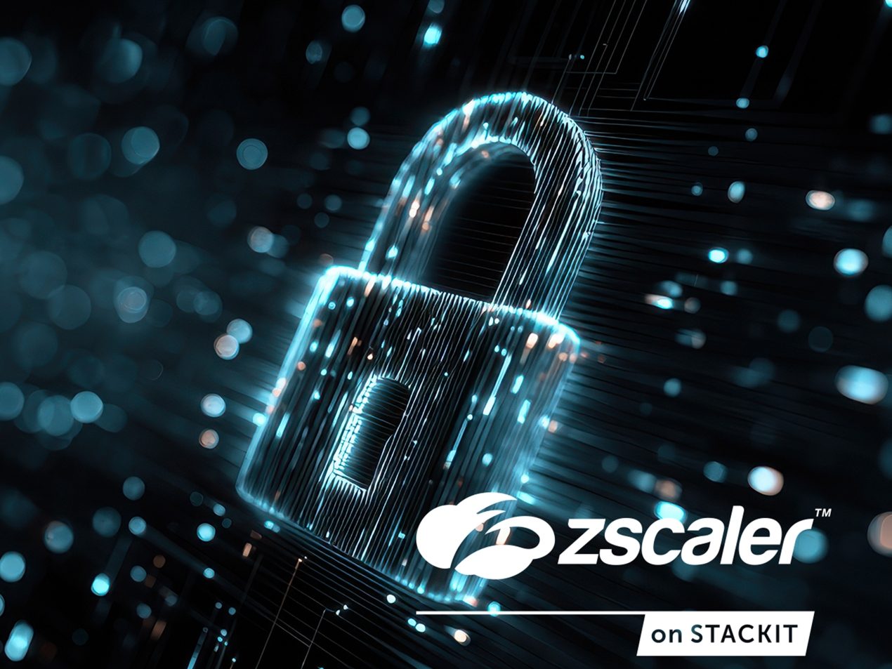 Leuchtendes digitales Vorhängeschloss als Symbol für Cybersicherheit mit dem Logo von Zscaler on STACKIT