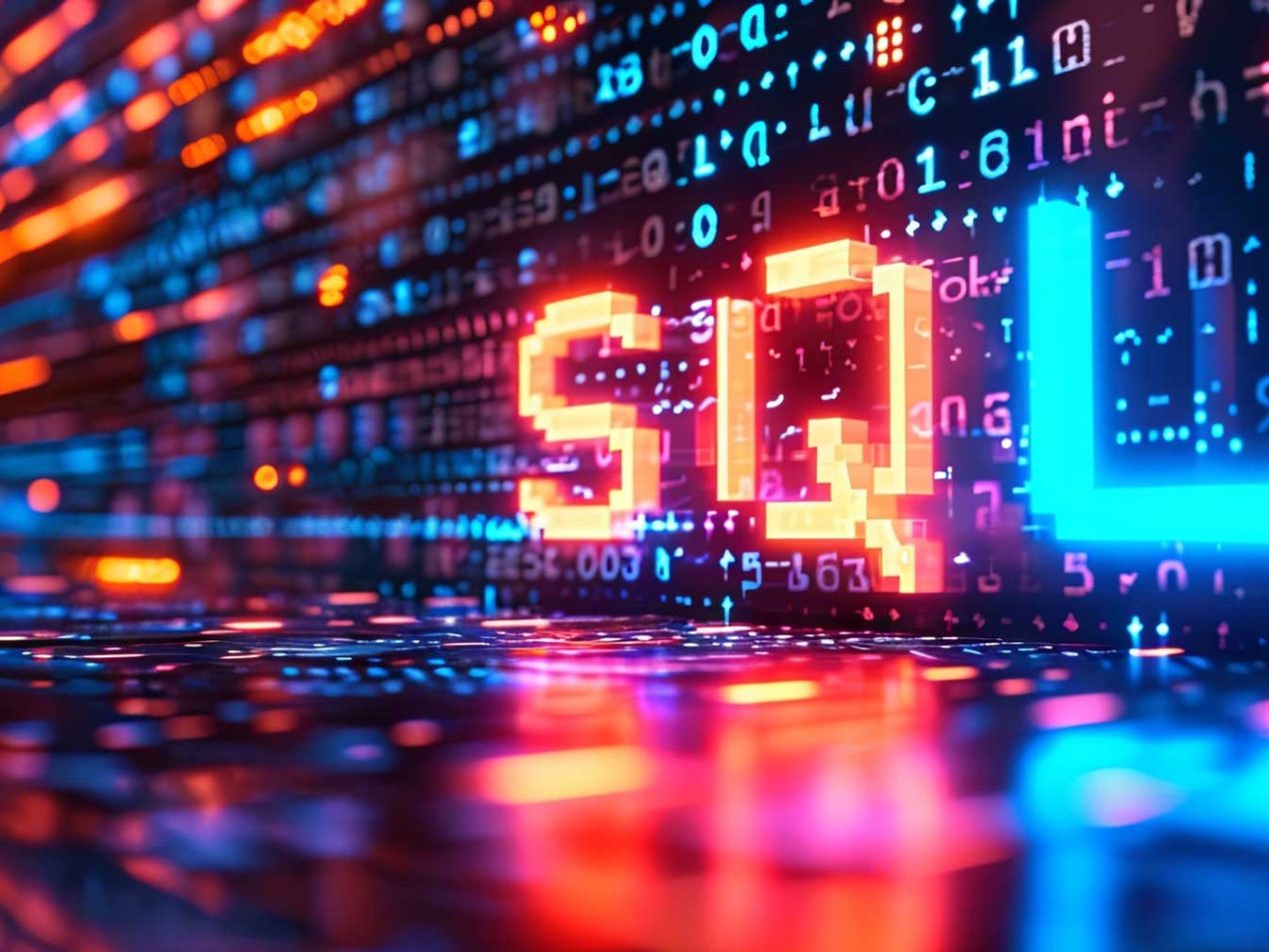 Digitaler Hintergrund mit leuchtendem SQL-Code für Programmierung und Datenverarbeitung