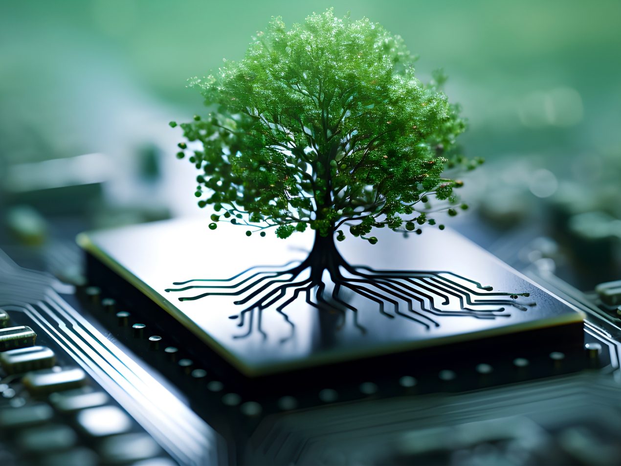 A small, green tree grows out of a microchip placed on a detailed circuit board (PCB). The tree's roots transform into delicate circuit traces. The image symbolizes Green IT, sustainable technology, ecological responsibility in digitalization, or growth in harmony with nature.