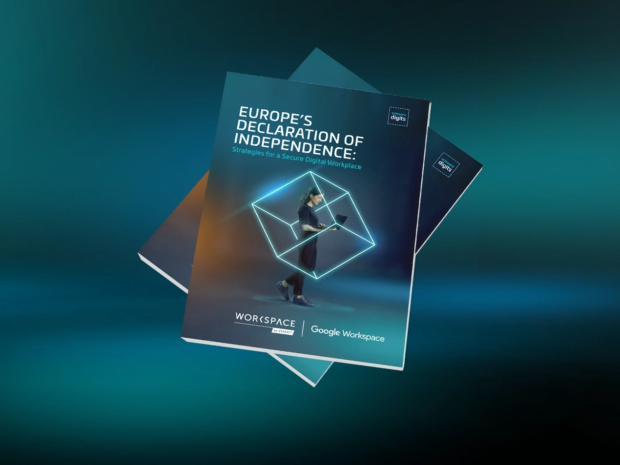 Two brochures of the whitepaper "Europe’s Declaration of Independence: Strategies for a Secure Digital Workplace" by Schwarz Digits, Workspace by STACKIT, and Google Workspace.