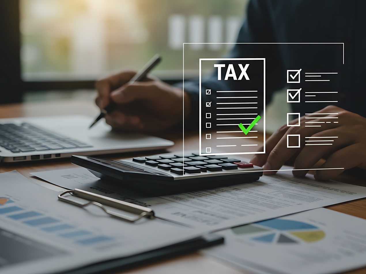 Desk with laptop, documents and calculator