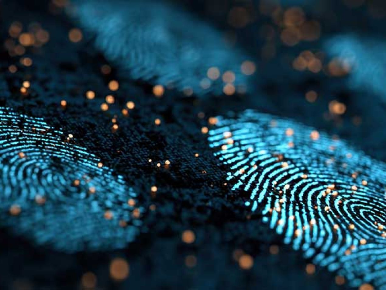 Close-up of a futuristic, digital representation of glowing fingerprints with sparkling data points. Symbolizes biometric security, authentication, and identity management.