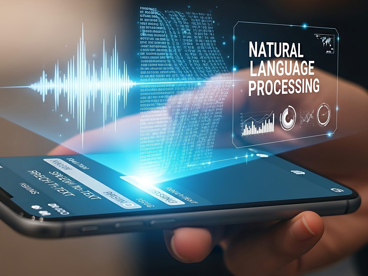 Futuristic smartphone display visualizing Natural Language Processing (NLP) and speech recognition technology.