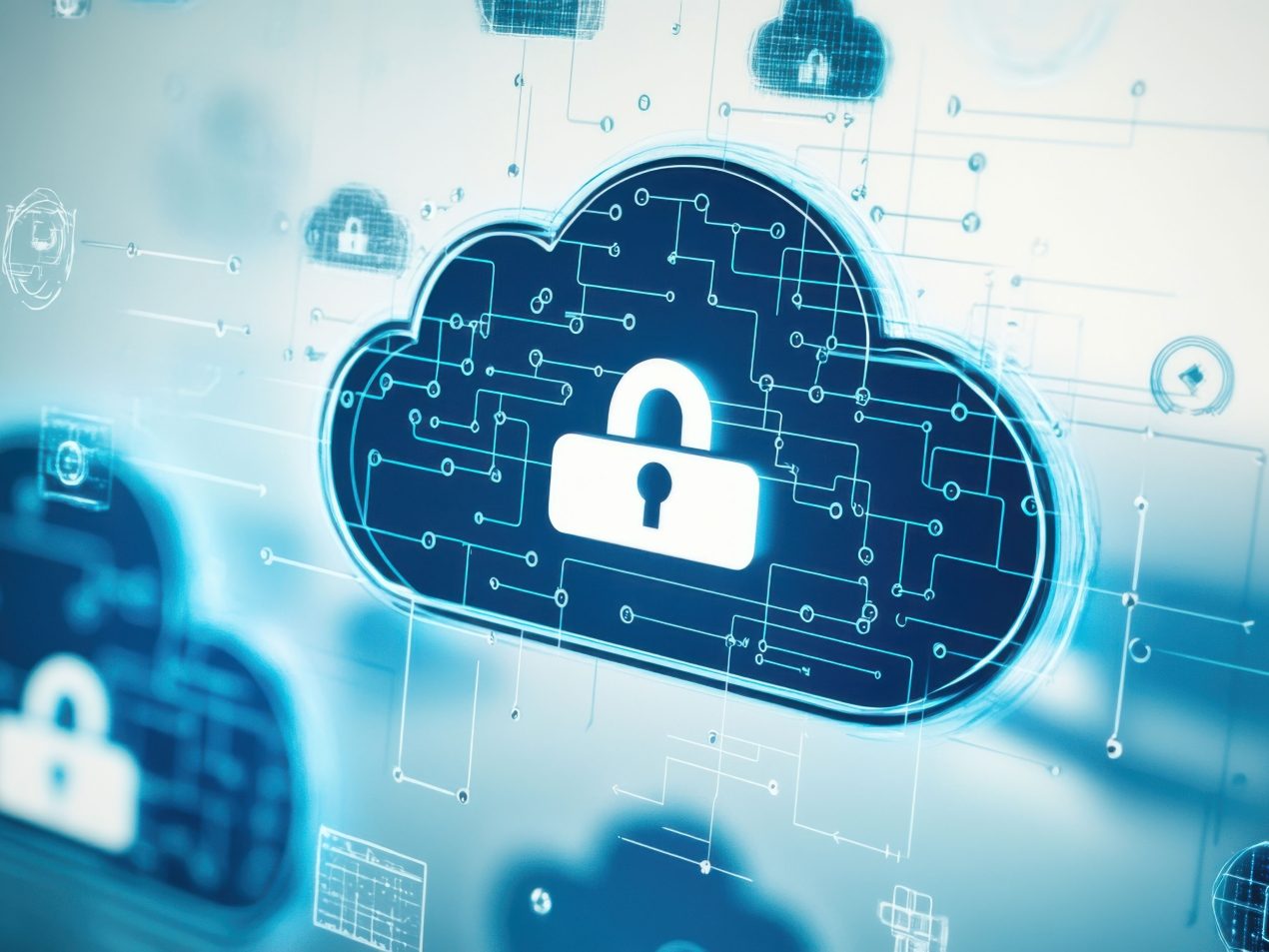 Ein digitales Cloud-Symbol mit einem zentralen, leuchtenden Vorhängeschloss-Icon ist in ein Netzwerk aus Linien und verbundenen Cloud-Symbolen eingebettet. Das Bild visualisiert Cloud-Sicherheit, Datenschutz, Verschlüsselung, Cyber Security und geschützte Speicherung in der Cloud-Infrastruktur.