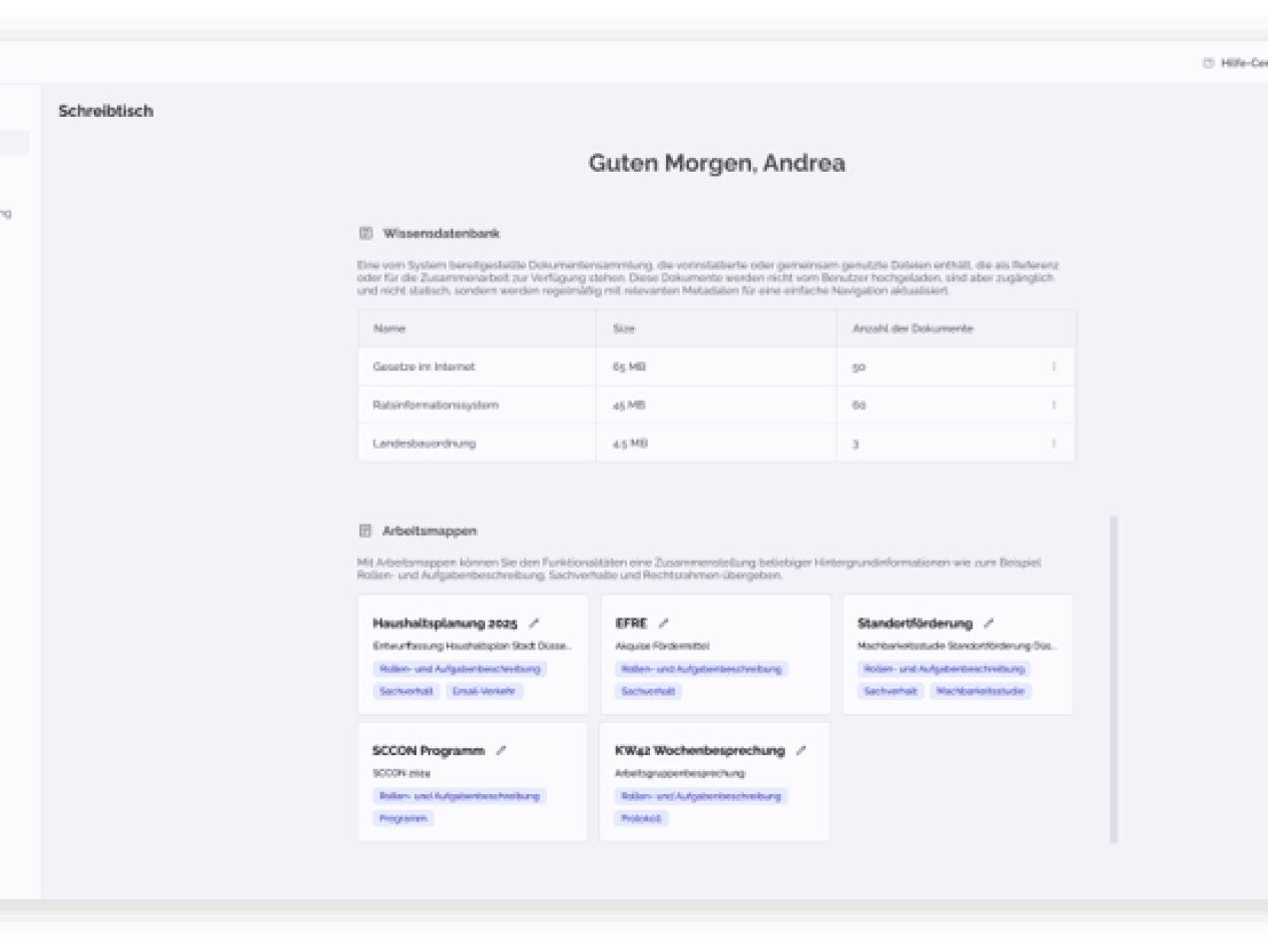 Screenshot of an AI assistant dashboard ("Schreibtisch"). Displays the knowledge base and work folders for managing documents, laws, and professional information for public administration.