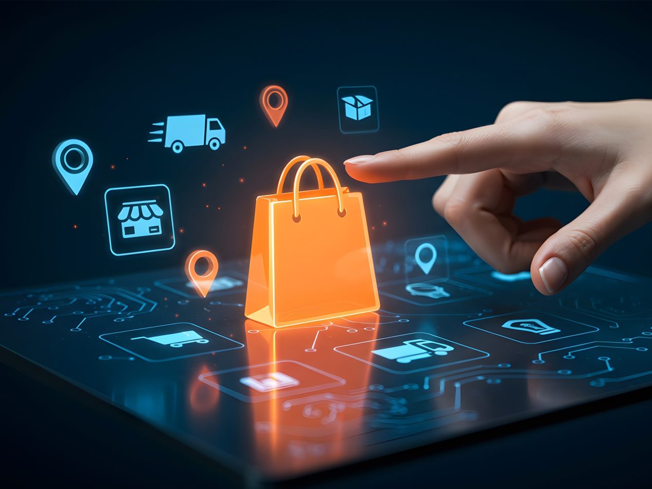 Eine Hand tippt auf ein leuchtendes, orangefarbenes Einkaufstaschen-Symbol auf einer futuristischen, digitalen Oberfläche mit weiteren E-Commerce-Icons für Lieferung und Standort.