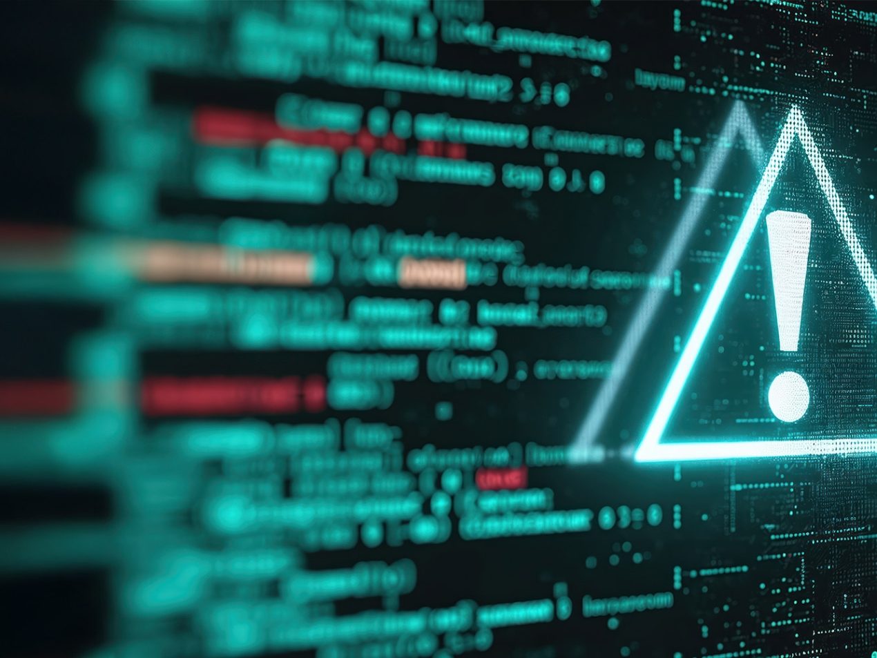 Cybersecurity concept image featuring a digital warning triangle and exclamation mark over encrypted code, symbolizing system errors, hacking alerts, or malware threats.