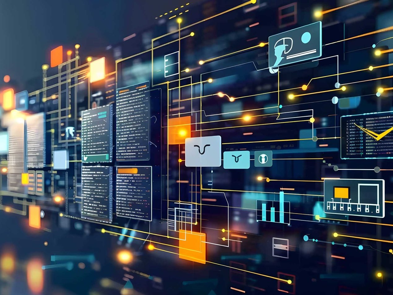 Abstract digital dashboard with data nodes and connection lines representing cloud management and complex IT infrastructure.