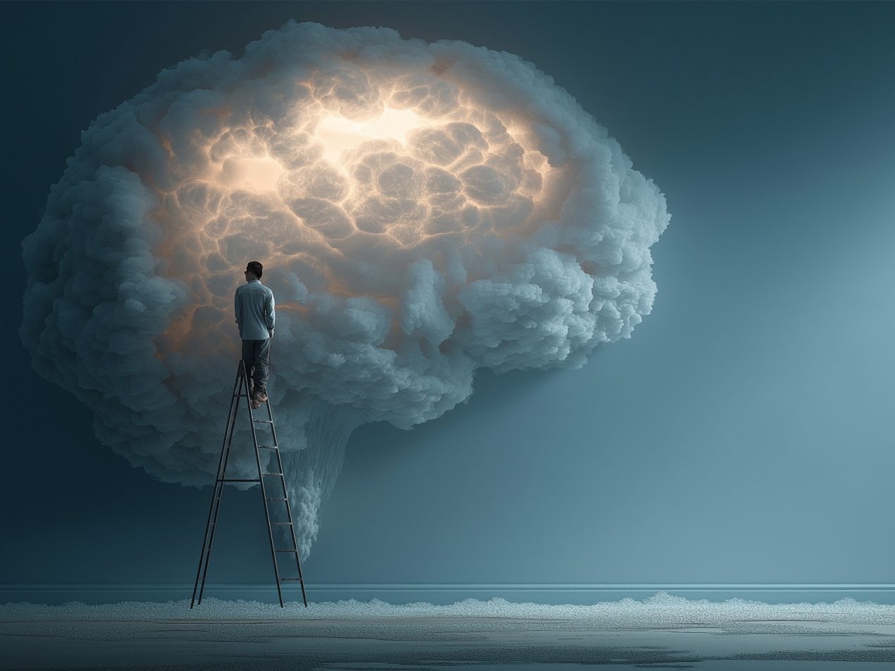 Man on ladder looks at glowing brain cloud | AI, Creativity & Innovation