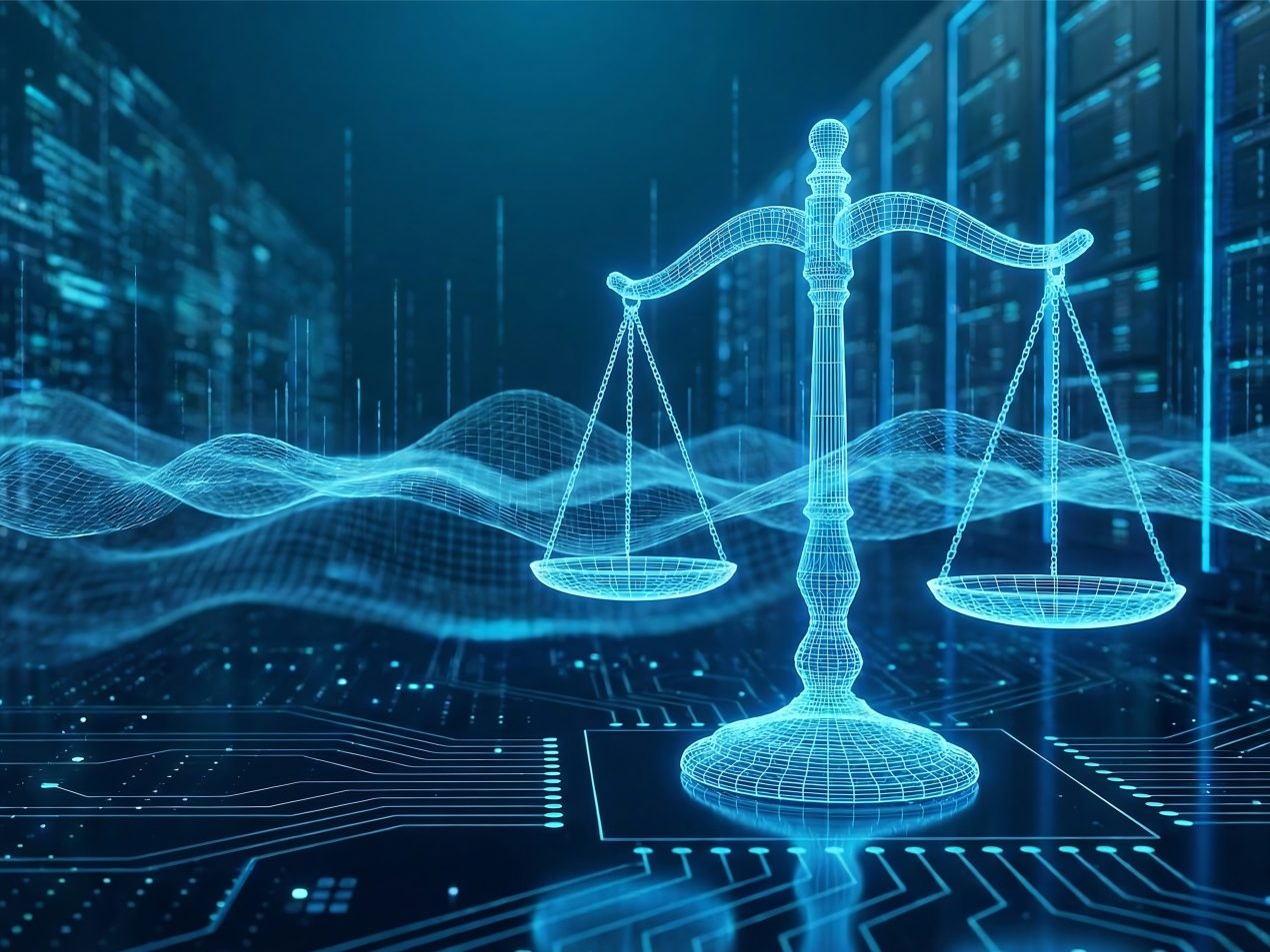 Digitale Waage der Justiz auf Platine im Serverraum als Symbol für US Cloud Act und IT-Recht