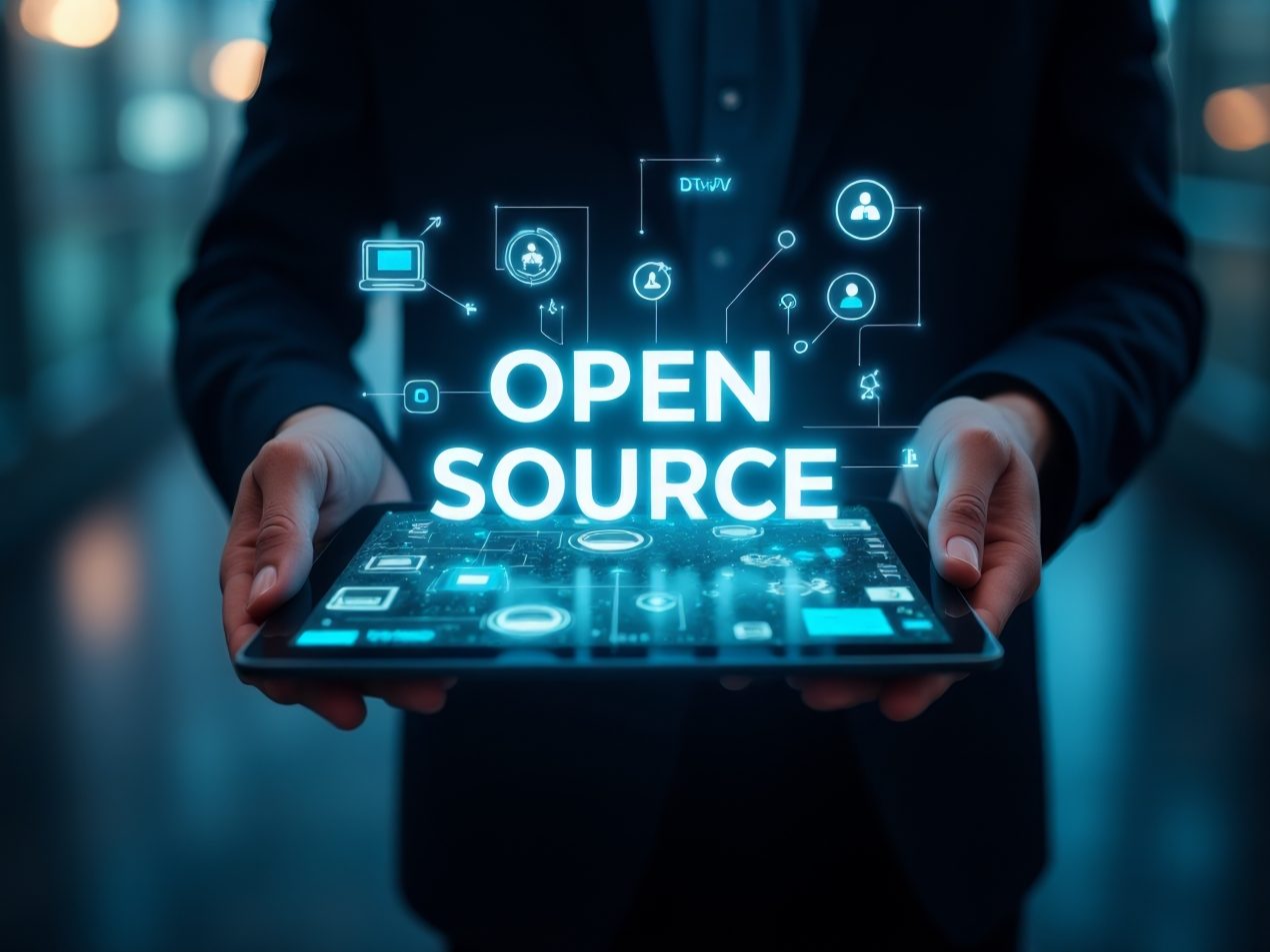 Ein Geschäftsmann im Anzug hält ein Tablet, auf dessen Display der leuchtende Schriftzug OPEN SOURCE und ein Netzwerk aus Technologie-Icons (Laptop, Personen, Code) zu sehen ist. Das Bild symbolisiert Open Source Software, Softwareentwicklung, Kollaboration und Technologie-Ökosysteme in der IT.