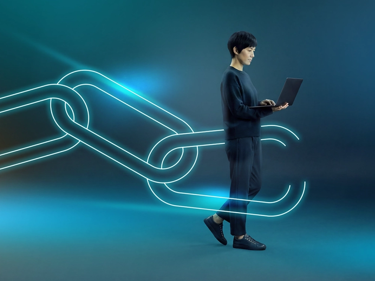 A woman walks forward with a laptop, symbolically breaking free from a glowing neon green digital chain. It is a metaphor for IT independence and breaking vendor lock-in for your company.