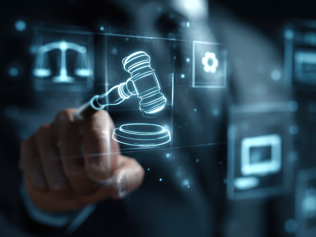 Hand bedient virtuelles Display mit leuchtendem Richterhammer für US Cloud Act und Cyber-Recht