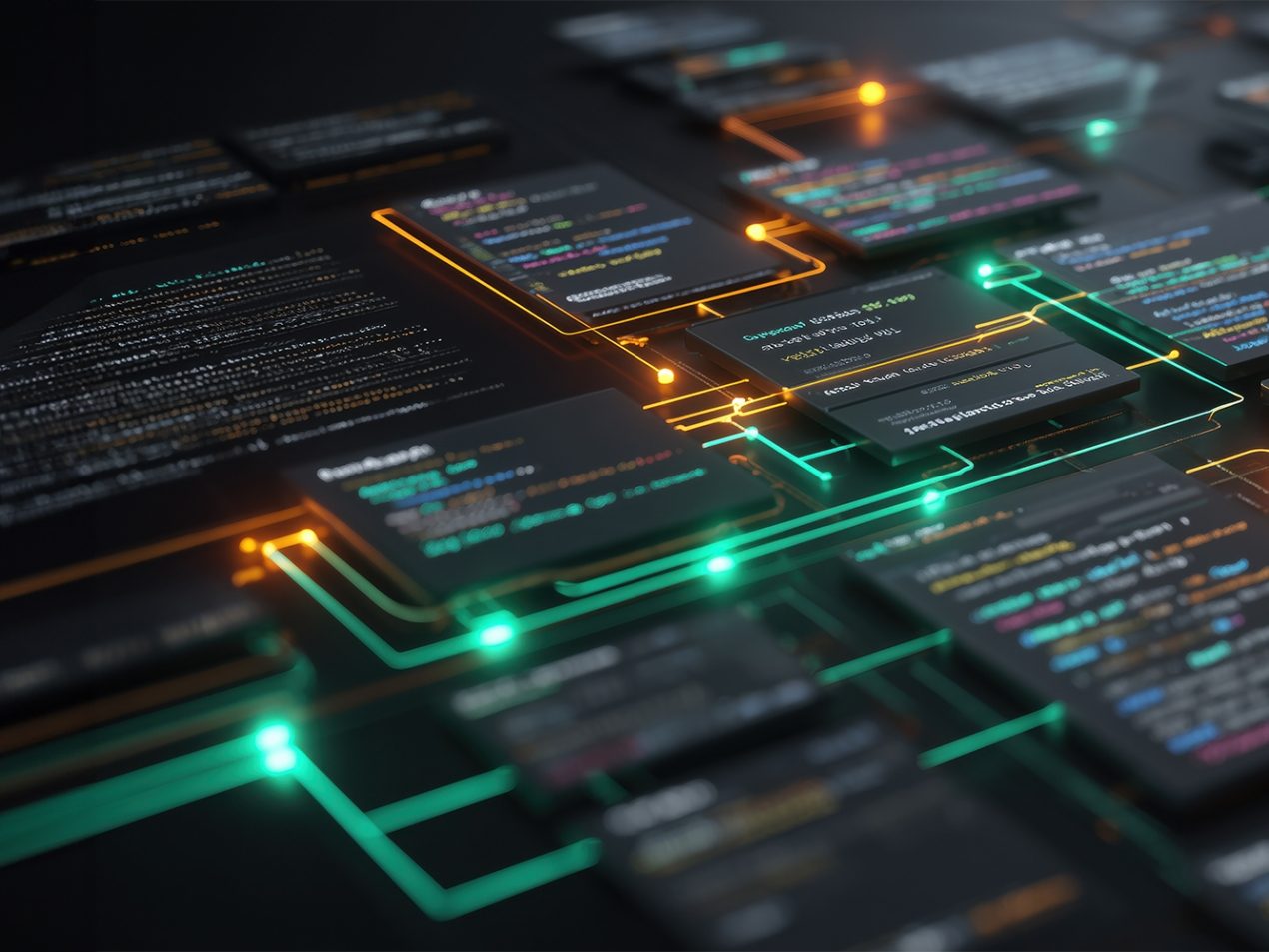 Eine dynamische, futuristische Darstellung von Code-Fragmenten oder Software-Modulen, die als leuchtende Rechtecke auf einer dunklen Oberfläche angeordnet sind. Grüne und orangefarbene Linien verbinden die einzelnen Code-Blöcke und symbolisieren Datenflüsse, Abhängigkeiten und die Komplexität moderner Softwarearchitektur.