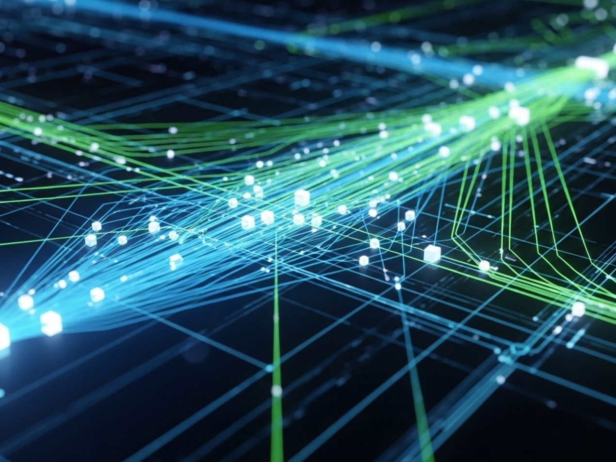 Abstrakte digitale Netzwerk-Visualisierung mit leuchtenden blauen und grünen Linien, die Datenfluss und Konnektivität darstellen.
