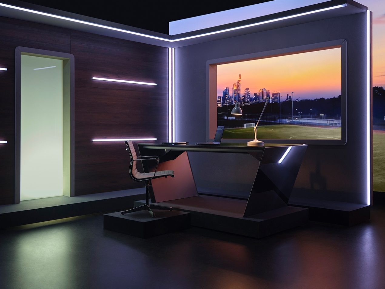 Futuristischer Büro-Hintergrund in Dunkelblau und Violett, der eine moderne und sichere digitale Arbeitsumgebung symbolisiert.