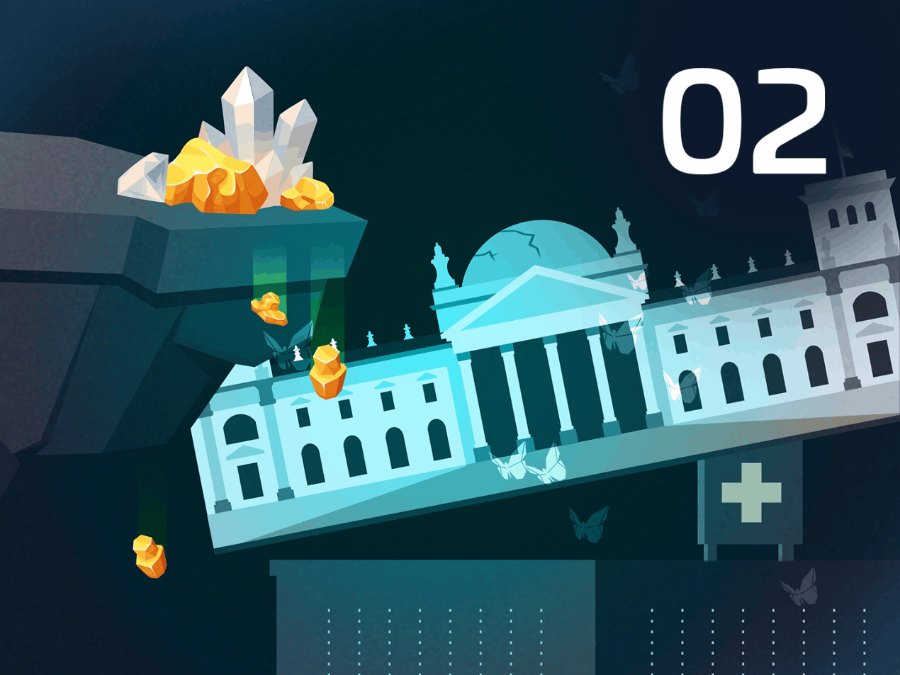 An illustration of the Reichstag building on a seesaw, being tilted by gold nuggets falling from a cliff.