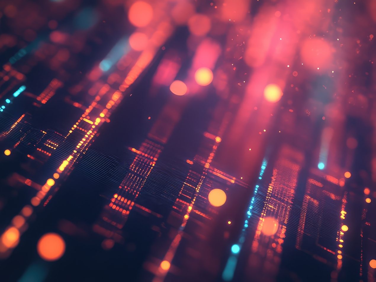 Abstrakter digitaler Hintergrund mit leuchtenden Datenpunkten und Lichtstrahlen