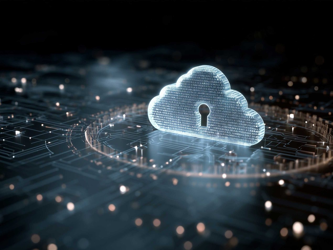 Ein leuchtendes, holografisches 3D-Wolken-Symbol aus digitalen Daten mit einem Schlüsselloch in der Mitte, das über einer dunklen, hochmodernen Leiterplatte mit beleuchteten Knotenpunkten und Linien schwebt. Das Bild symbolisiert Cloud-Sicherheit, Datenverschlüsselung und sichere digitale Speicherung.