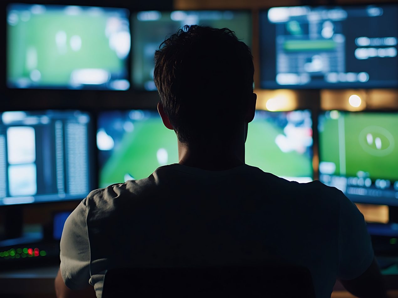 Rückansicht eines Mannes vor mehreren Monitoren, die verschiedene Fußballspiele, Daten und Analyse-Bildschirme zeigen. Symbolisiert Videoanalyse, Sportdaten-Tracking und Performance-Monitoring.