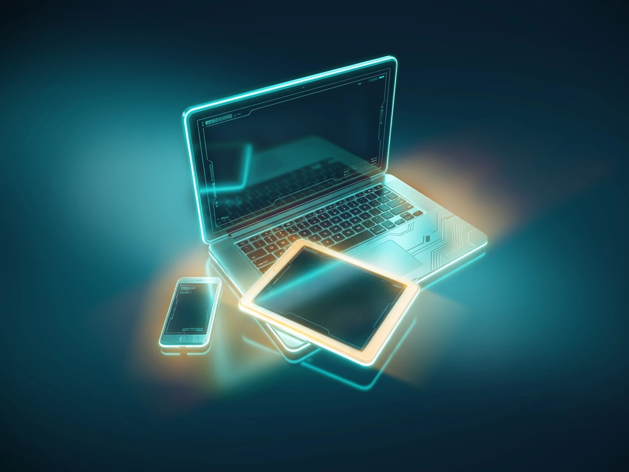 Futuristische Darstellung eines digitalen Arbeitsplatzes mit leuchtendem Laptop, Tablet und Smartphone als Symbol für moderne Cloud-Workspace-Lösungen von Workspace by STACKIT..