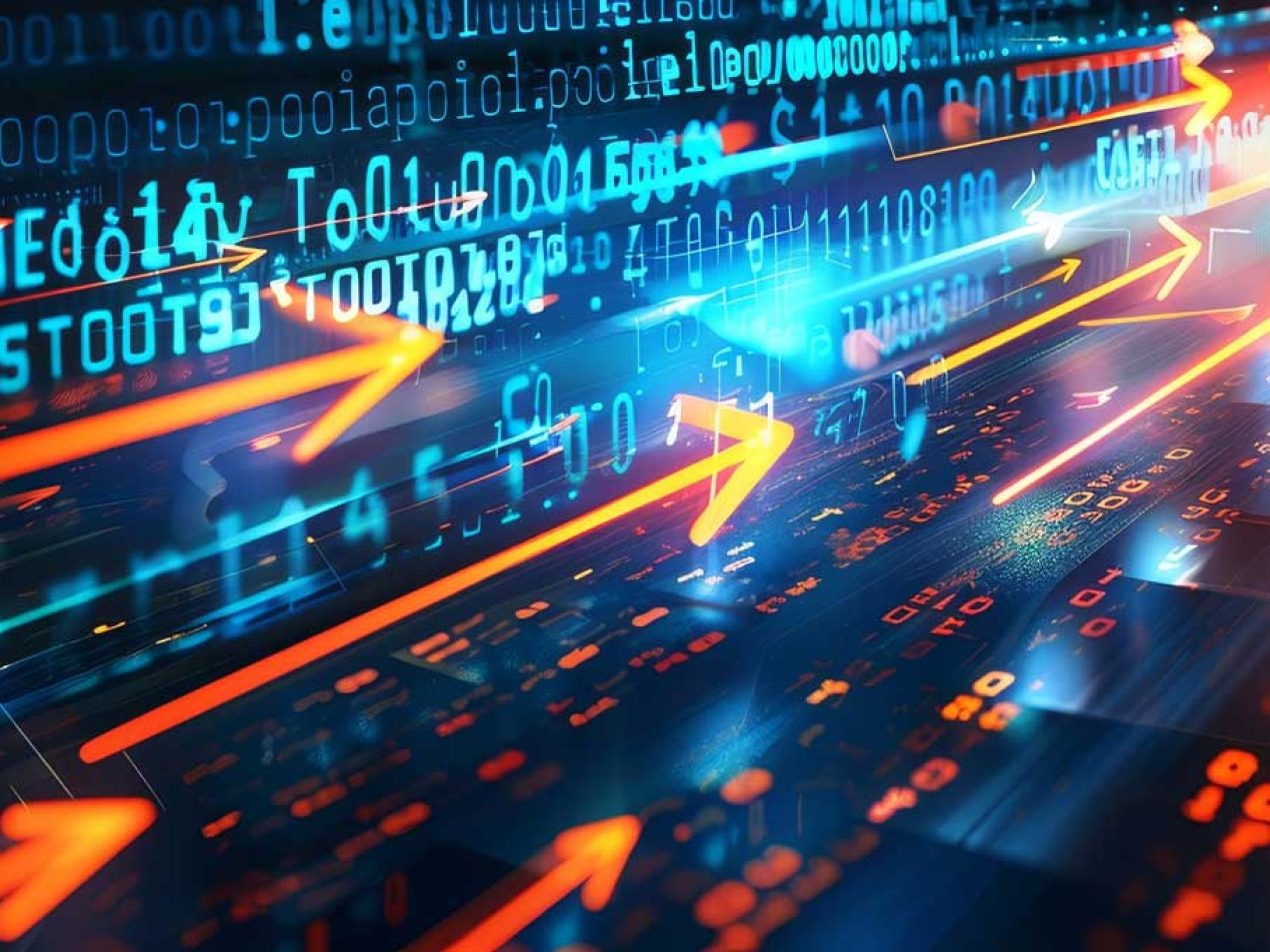 Digitaler Datenstrom und Trendpfeile für technologische Entwicklung