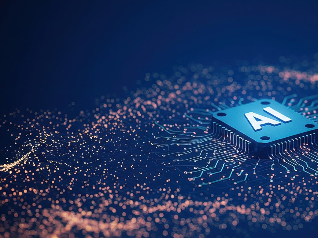 Central microchip (processor) labeled "AI" resting on a circuit board. It is surrounded by glowing data particles and circuitry. Symbolizes Artificial Intelligence, Big Data, and machine learning.