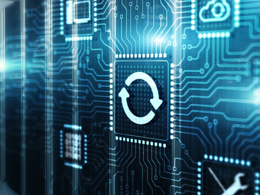 Data center with server racks and schematic representations of cloud computing and data synchronization