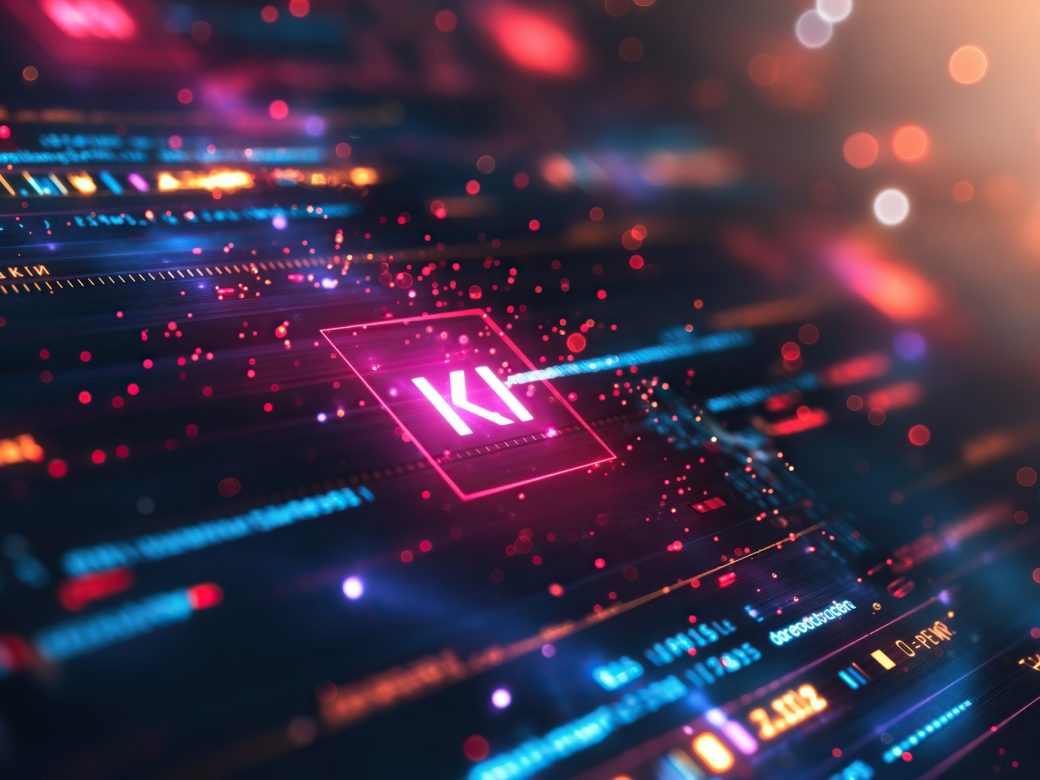 Futuristische, leuchtende digitale Oberfläche mit dem Kürzel "KI" (Künstliche Intelligenz) im Zentrum, symbolisiert Datenverarbeitung, Machine Learning und Technologie-Innovation.