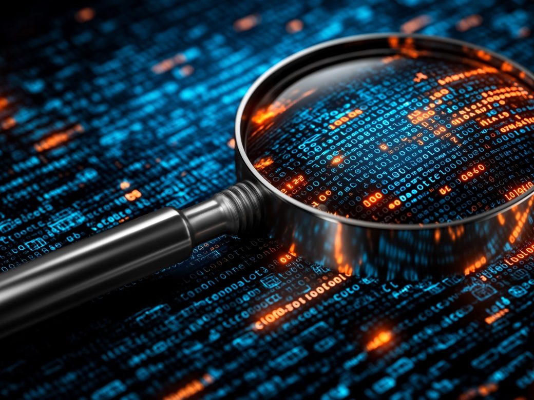 Log analysis and code checking: magnifying glass enlarges digital binary code