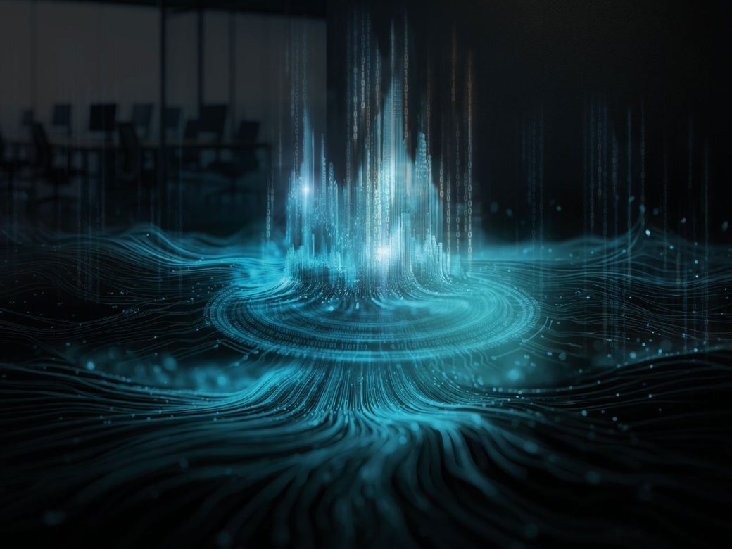 Eine abstrakte, digital leuchtende Datenlandschaft im Vordergrund eines abgedunkelten, unscharf im Hintergrund erkennbaren Büros mit leeren Arbeitsplätzen. Im Zentrum pulsiert eine kreisförmige, hellblau glühende Netzwerkstruktur, aus der feine Lichtlinien wie Datenströme fächerartig nach vorne fließen. Nach oben steigt eine dichte, vertikale Säule aus digitalen Partikeln und Binärcodes empor, die an eine futuristische Datenstadt oder einen Cloud-Datenstrom erinnert. Wellenförmige, blau-türkise Linien und Lichtpunkte breiten sich seitlich über den dunklen Boden aus und symbolisieren ein hochkomplexes, vernetztes System oder einen künstlich intelligenten Rechenprozess.
