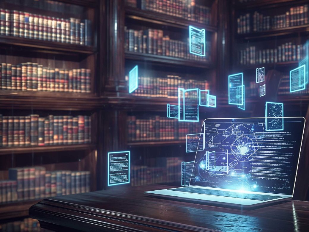 Digital archive and knowledge management: laptop in library with holographic documents