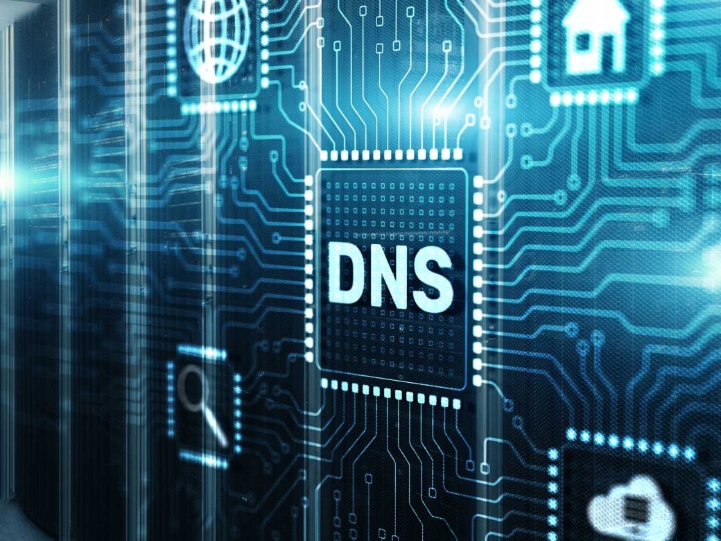 DNS (Domain Name System) chip in a data center with server racks