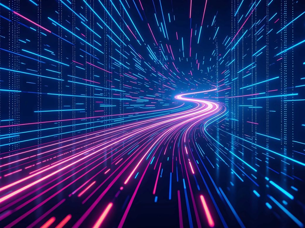 Abstract digital representation of data flow and high-speed fiber optic connections with glowing blue and pink light trails in a futuristic tunnel.