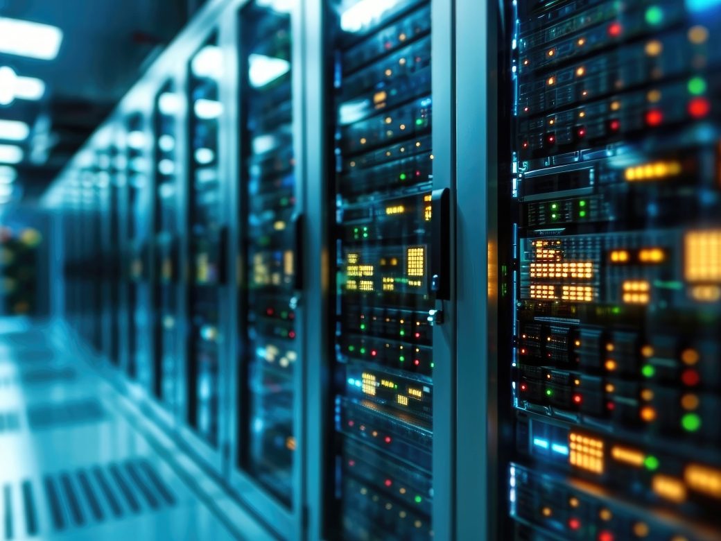 Nahaufnahme eines Gangs in einem modernen Rechenzentrum, gesäumt von Reihen beleuchteter Server-Racks. Das Bild zeigt die IT-Infrastruktur zur Datenspeicherung, Datenverarbeitung, Serververwaltung und für Cloud Computing in einem professionellen Datacenter.