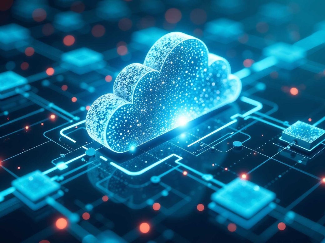 Cloud Computing und Datennetzwerk auf einer digitalen Platine mit verbundenen Knotenpunkten