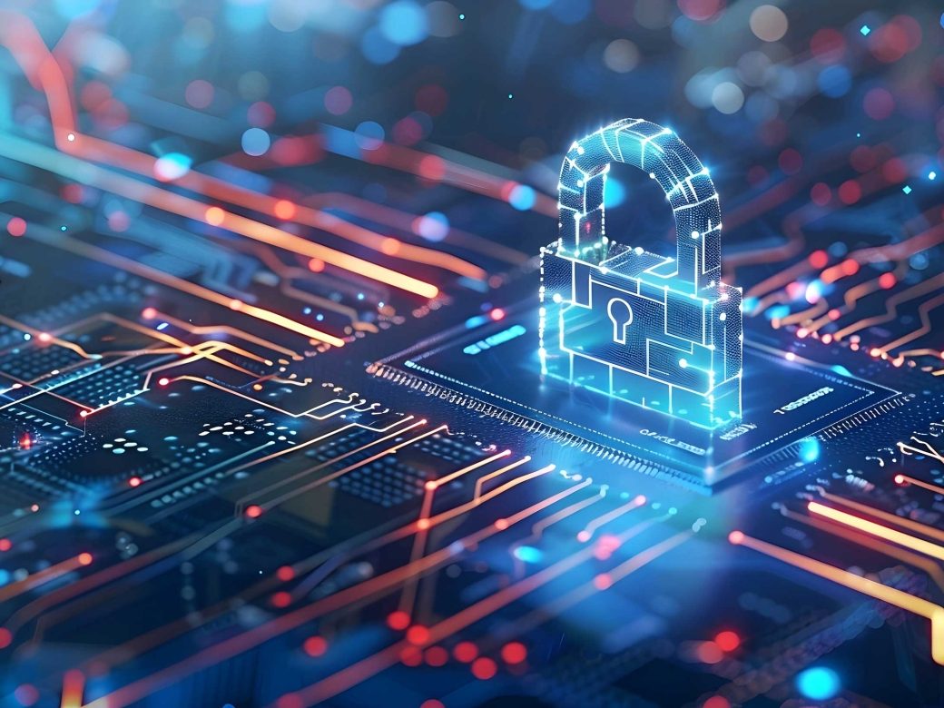 Cyber security: illuminated lock symbol on a computer chip for data encryption