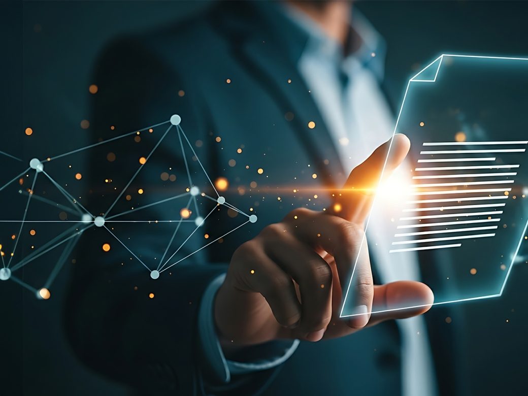 Ein Geschäftsmann im Anzug berührt eine leuchtende, digitale Darstellung eines Dokuments (Whitepaper) in der Luft, umgeben von einem technologischen Netzwerk aus Linien und Punkten.