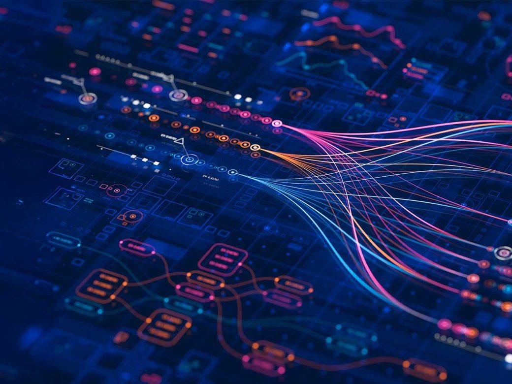 Abstrakte Datenvisualisierung mit leuchtenden neonfarbenen Linien, die in einem digitalen Netzwerk zusammenlaufen, auf einem dunkelblauen technologischen Hintergrund.