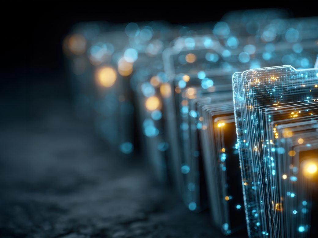 Ein großer Stapel physischer Dokumente und Papiere liegt auf einem Schreibtisch. Über dem Stapel und einem Computermonitor im Hintergrund schweben digital leuchtende Symbole und Datenvisualisierungen in hellblau, was den Übergang zur digitalen Dokumentenverarbeitung symbolisiert.