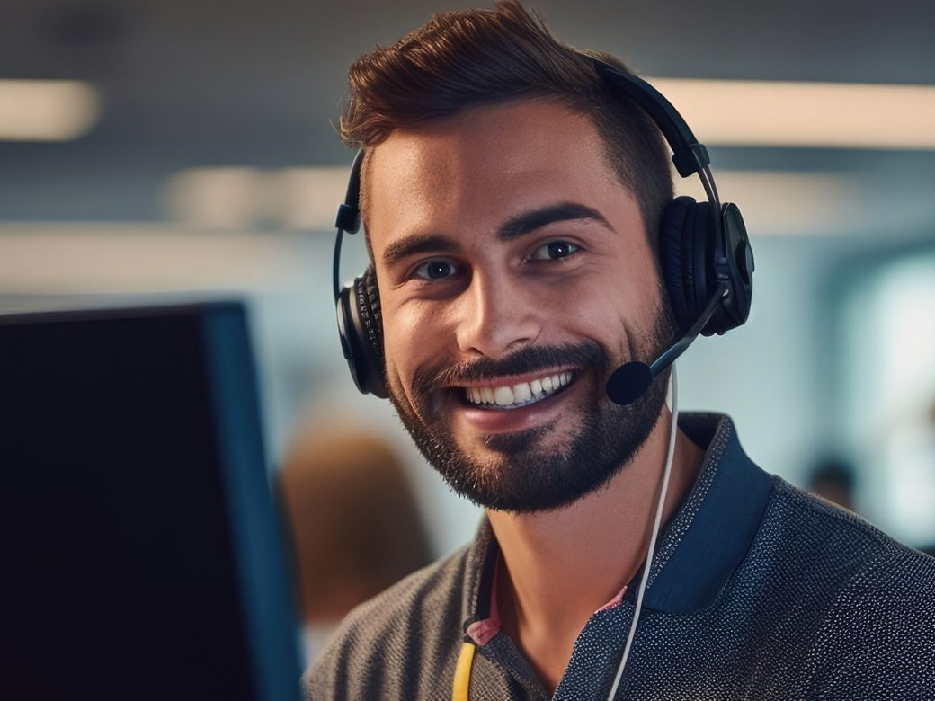 Ein freundlich lächelnder Mann mit Bart und Headset schaut direkt in die Kamera. Er sitzt vor einem dunklen Computermonitor in einem modernen, hellen Büro.