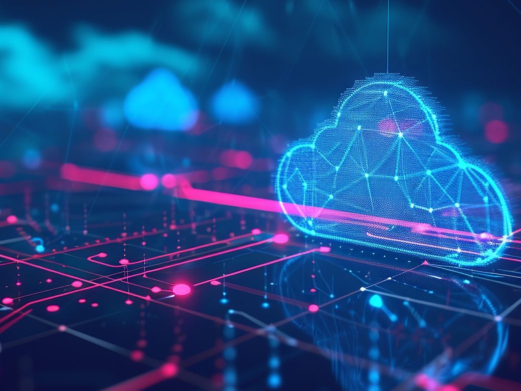 Abstrakte, futuristische Visualisierung eines leuchtenden, vernetzten Cloud-Symbols, das über einer digitalen Infrastruktur mit roten und blauen Lichtlinien schwebt. Symbolisiert Cloud Computing und Daten-Netzwerke.