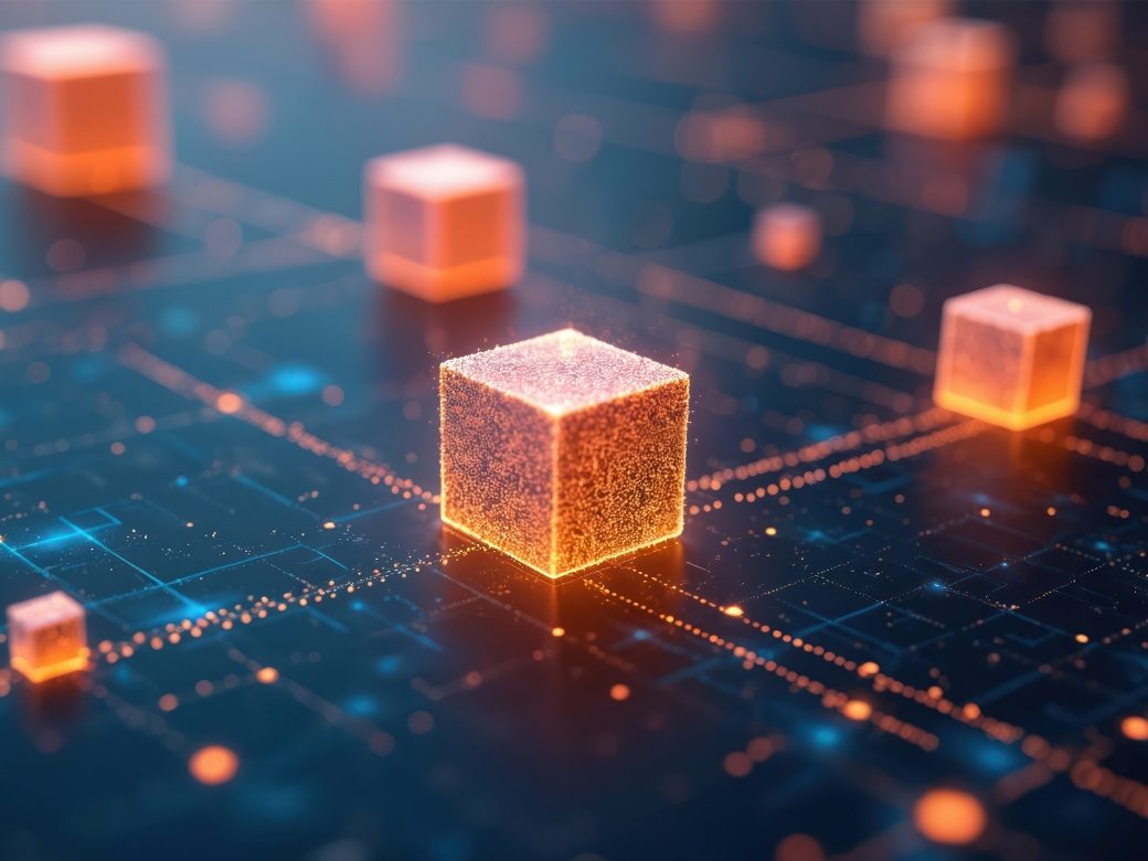 Abstrakte 3D-Visualisierung von leuchtenden orangefarbenen Datenblöcken auf einem blauen digitalen Gitter; symbolisiert Cloud-Infrastruktur, vernetzte Systeme und moderne Datenverarbeitung.