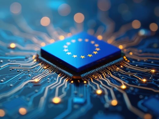 Schwarz Digits news banner featuring a microchip with the EU flag and text: 'EU Commission chooses STACKIT – A milestone for Europe's digital sovereignty'.